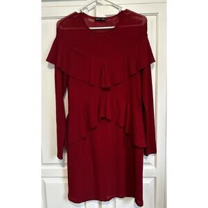 Zara Shift Tiered Ruffle Dress Red Long Sleeve Size Medium Bloggers Favorite
